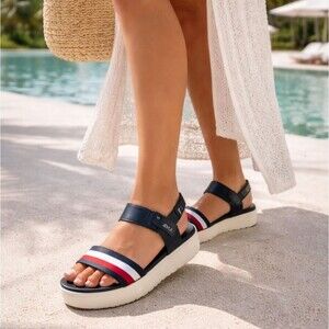 Tommy Hilfiger Navy Platform Sport Sandals Size 10 Adjustable Strap Logo Casual